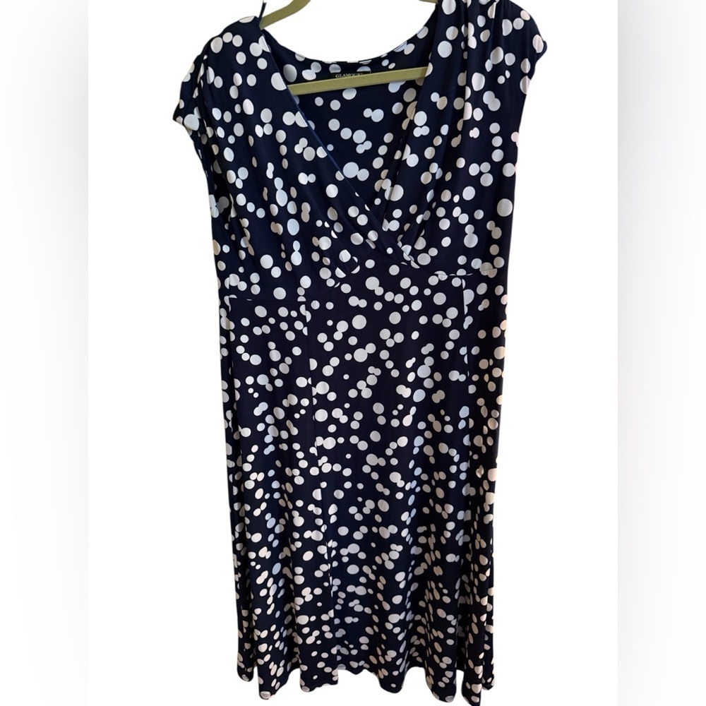 GLAMOUR Navy Polka Dot Midi Dress | Surplice V-Neck | Size Medium